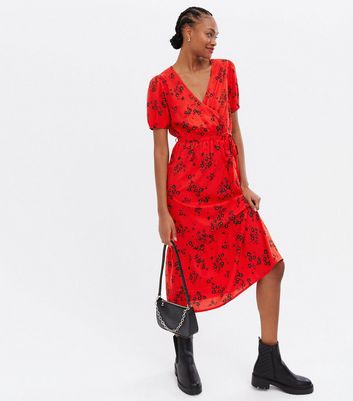 Tall Red Floral Midi Wrap Dress | New Look